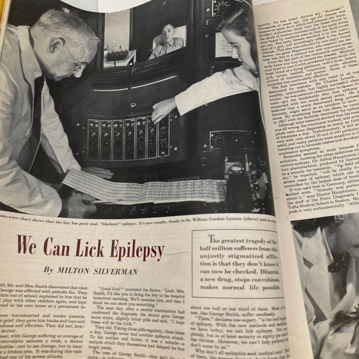 Article titled 'We Can Lick Epilepsy' in the January 17, 1948 Saturday Evening Post magazine, showcasing a doctor operating a medical device with a patient in the background.