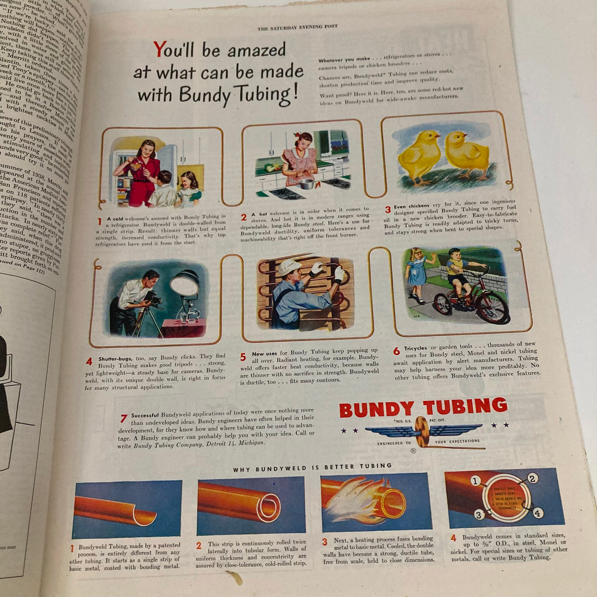 Promotional page for Bundy Tubing from the January 17, 1948 Saturday Evening Post magazine, illustrating various applications and benefits of Bundy Tubing in household and outdoor settings.
