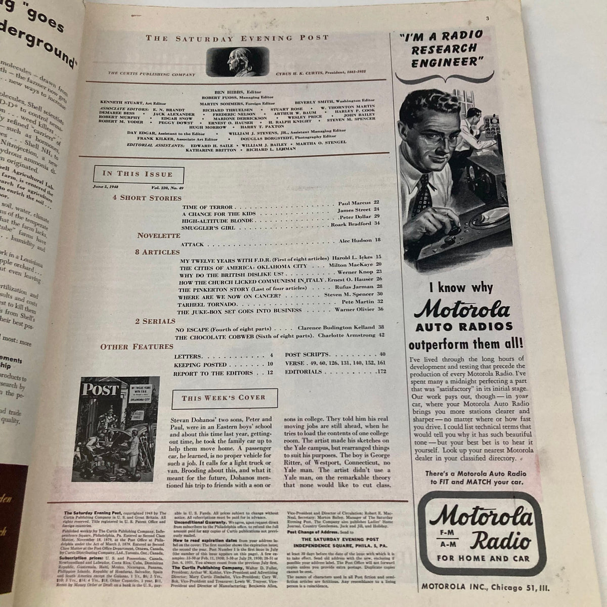 Inside page of Saturday Evening Post Magazine June 5 1948, displaying contents and advertisements, including a Motorola Radio advertisement and editorial credits.