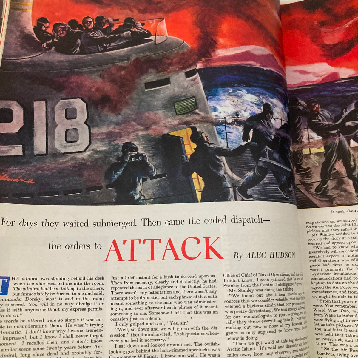 Illustrated article page from Saturday Evening Post Magazine June 5 1948 titled 'ATTACK' by Alec Hudson, depicting naval operations with dramatic colors and action.