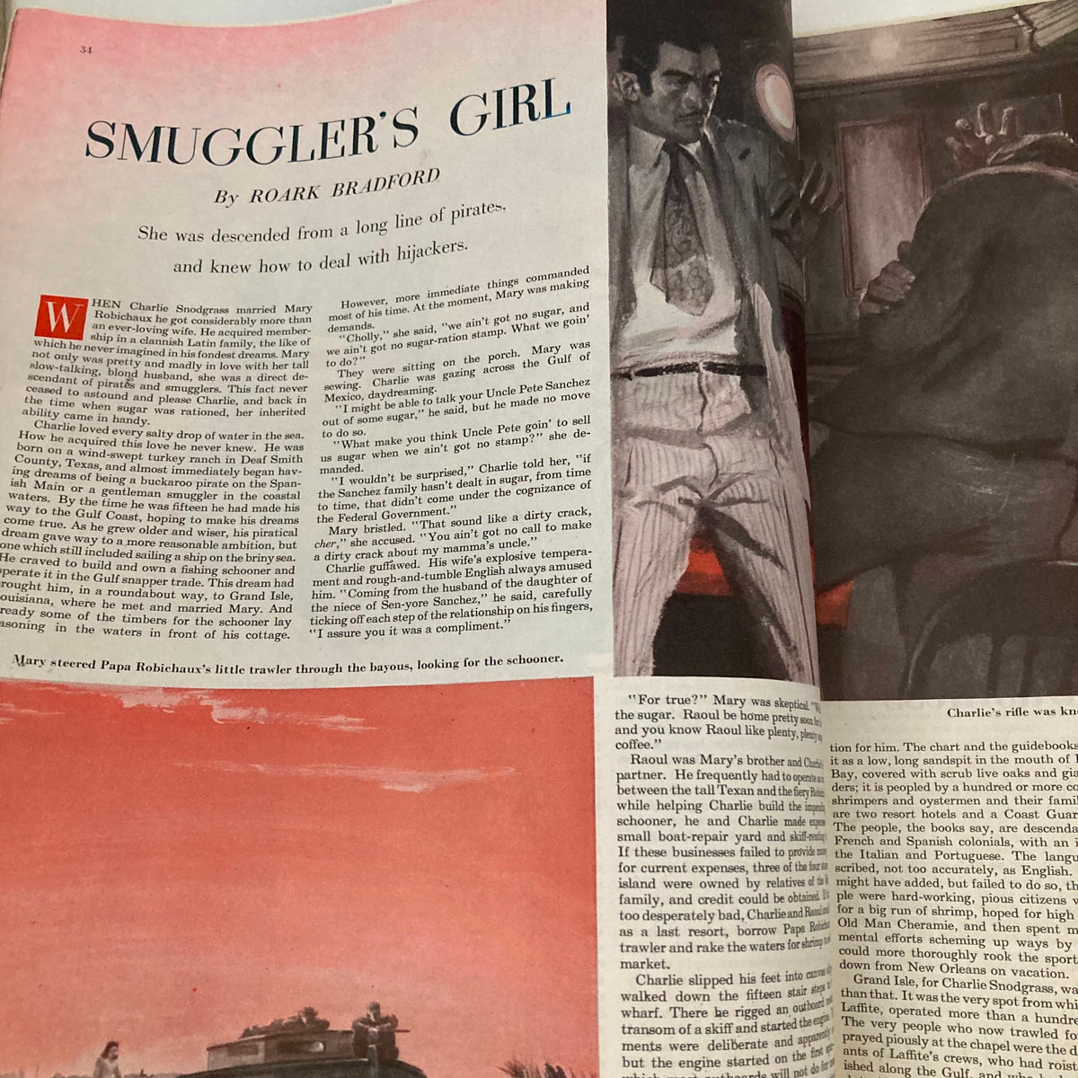 Page from Saturday Evening Post Magazine June 5 1948 featuring the story 'Smuggler's Girl' by Roark Bradford, showcasing vintage mid-century illustrations and text.