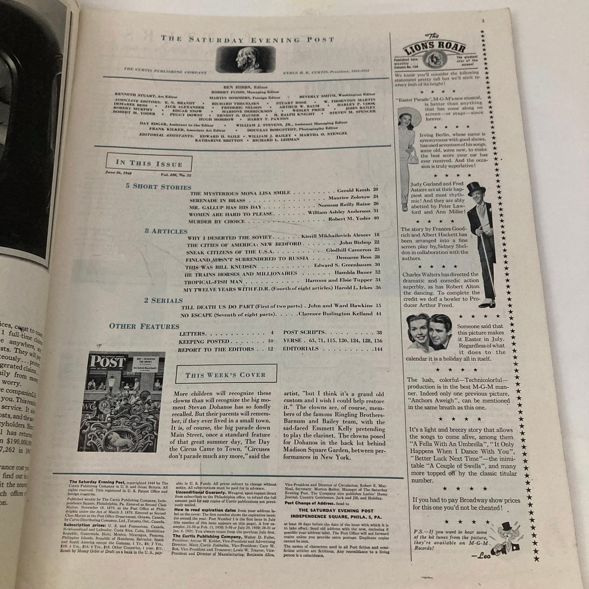Interior page of the Saturday Evening Post Magazine June 26 1948 featuring articles and advertisements, including a focus on the featured cover story 'The Big Parade' by Stevan Dohanos.