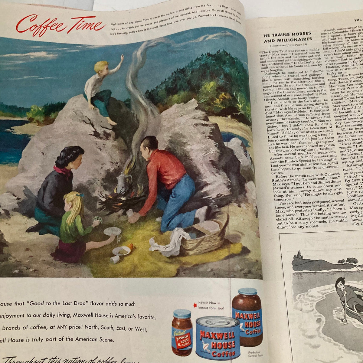 Vintage advertisement for Maxwell House Coffee in the Saturday Evening Post Magazine June 26 1948, featuring a picturesque family enjoying coffee outdoors.