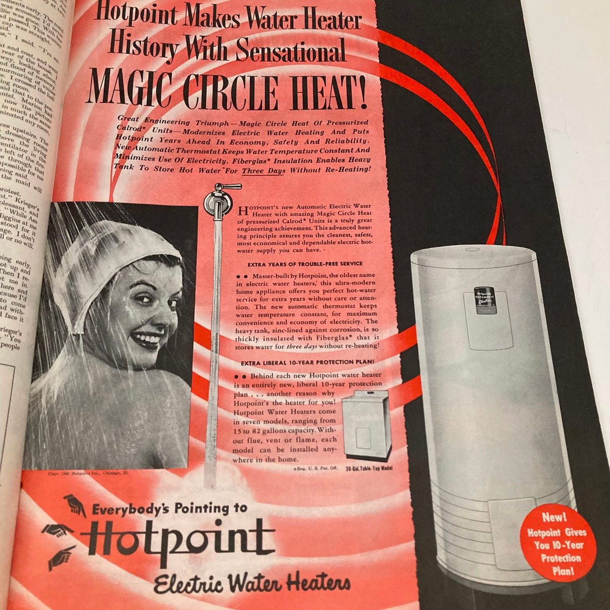 Advertisement for Hotpoint Electric Water Heaters in the Saturday Evening Post Magazine June 26 1948, showcasing innovative features and a smiling woman.