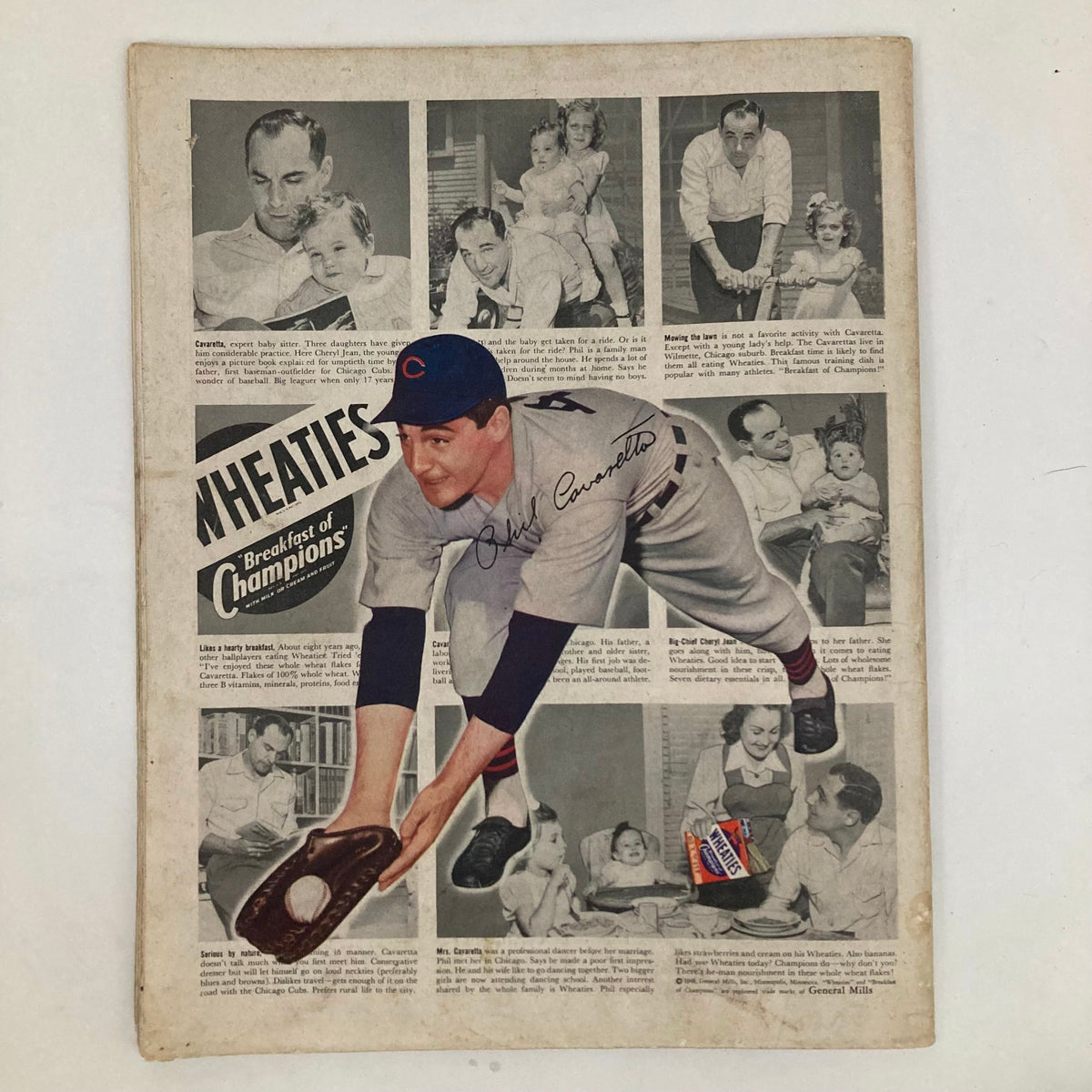 Vintage advertisement for Wheaties featuring a male baseball player, John Carventi, in a baseball uniform. The magazine ad includes images of family activities, underlining the brand's connection to sports and family moments. Saturday Evening Post Magazine Cover June 26 1948 The Big Parade - Stevan Dohanos.