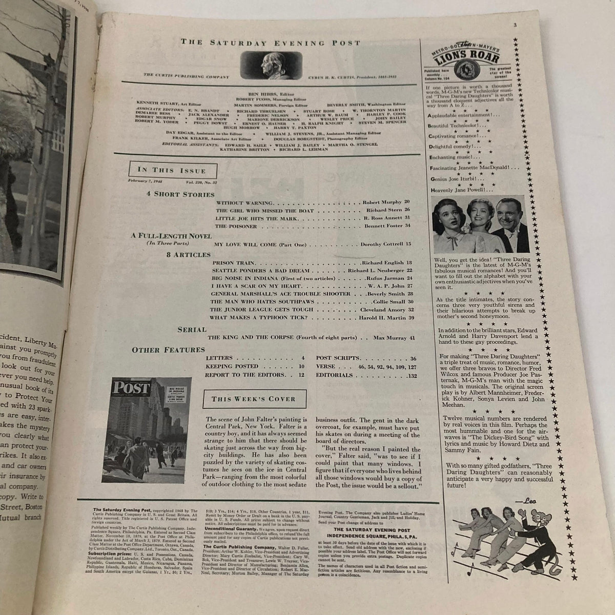 Interior page of Saturday Evening Post Magazine February 7, 1948 displaying the table of contents and details about the magazine's features and articles.