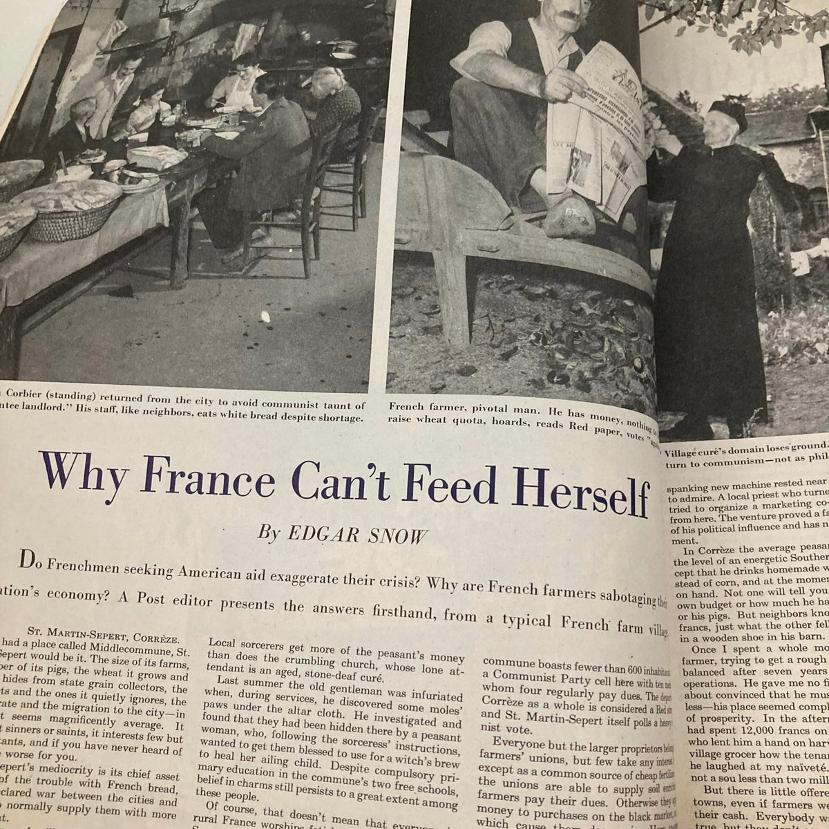 Article titled 'Why France Can’t Feed Herself' from Saturday Evening Post Magazine January 10 1948, featuring photographs depicting French farmers and their struggles.