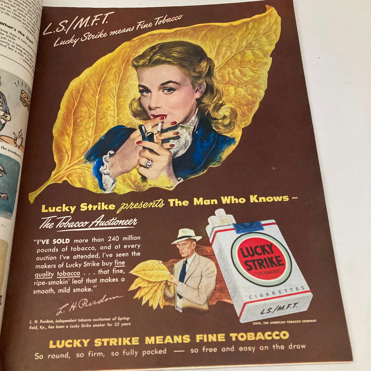 Advertisement from Saturday Evening Post Magazine January 10 1948 for Lucky Strike cigarettes, showcasing a glamorous woman holding a cigarette with a tobacco auctioneer.