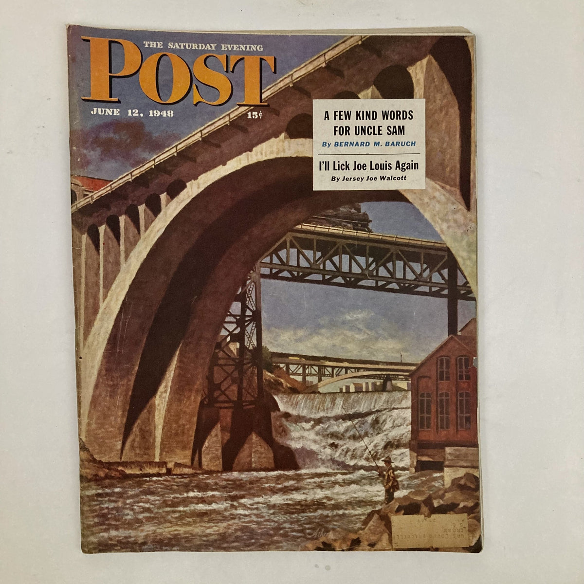 Cover of Saturday Evening Post Magazine dated June 12, 1948, featuring a Spokane scene painted by John Atherton, showcasing a bridge and river.