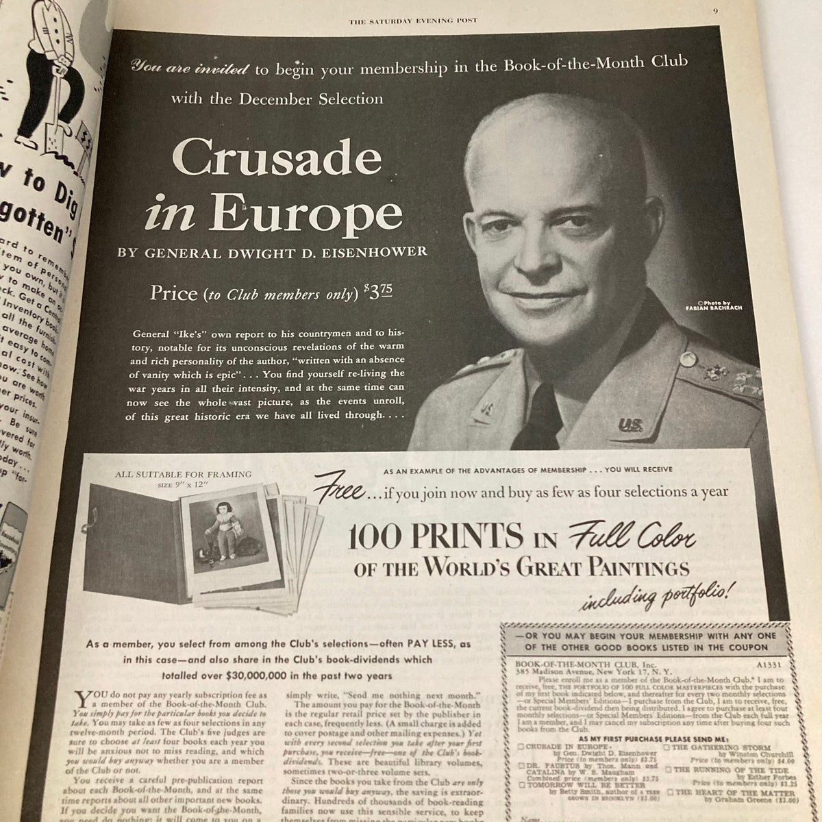 Advertisement in Saturday Evening Post Magazine January 15 1949 promoting the Book-of-the-Month Club featuring General Dwight D. Eisenhower.