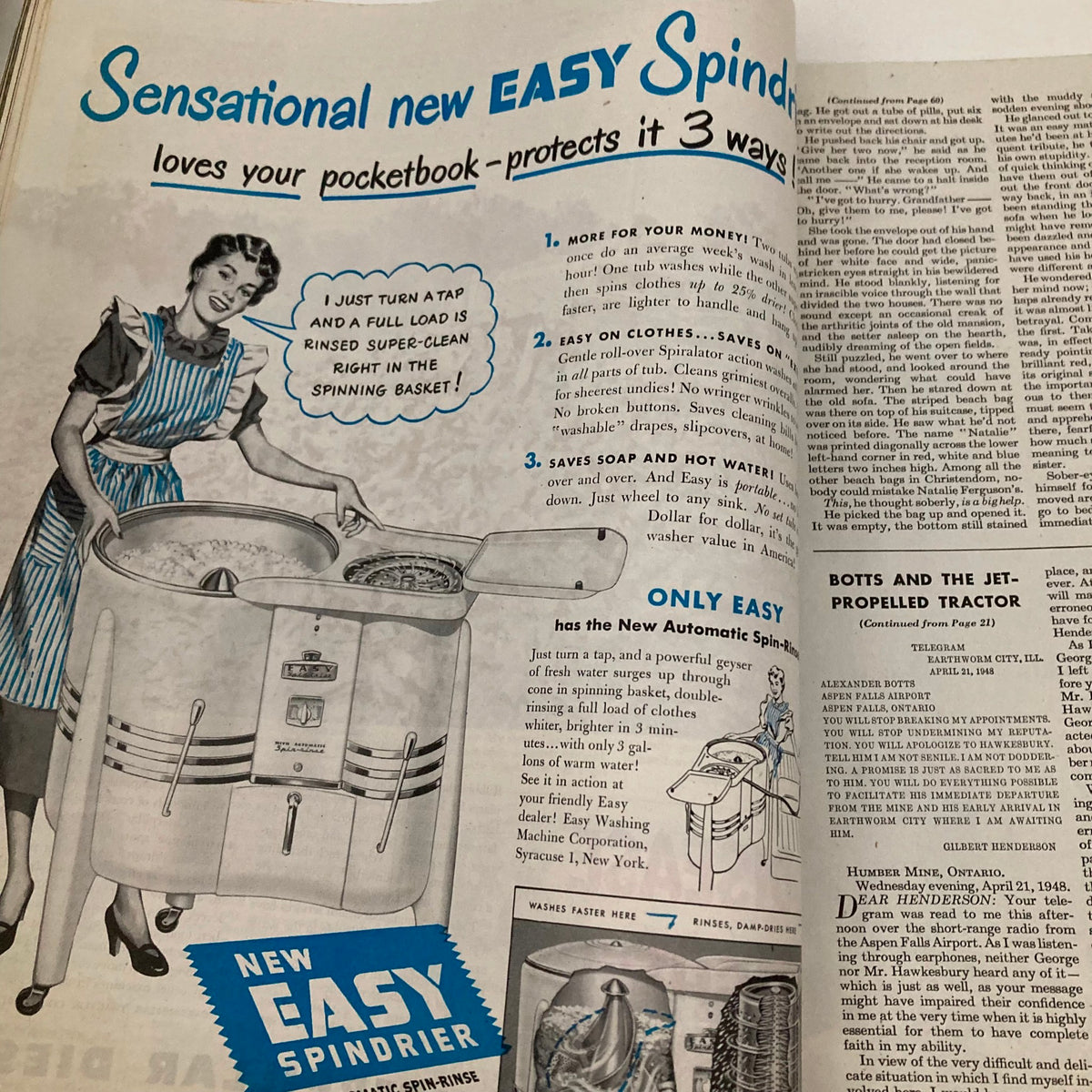 Advertisement for the new Easy Spin Dryer in the Saturday Evening Post Magazine January 15 1949 showcasing its benefits for laundry.