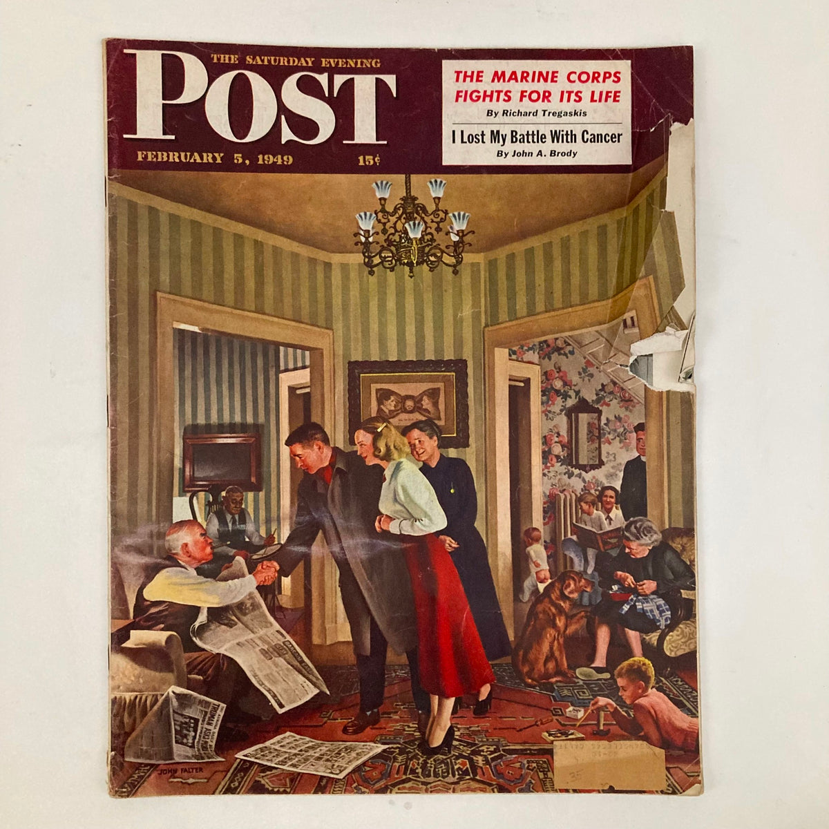 Cover of Saturday Evening Post Magazine February 5, 1949 featuring a family gathering and inspection scene depicting the post-war era.