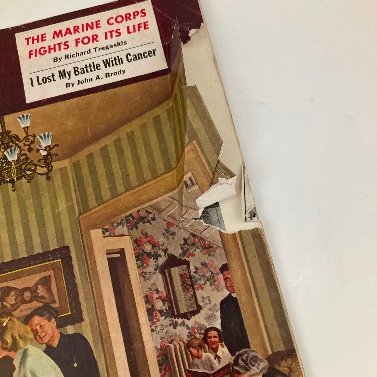 Detail of the cover from Saturday Evening Post Magazine February 5, 1949 showcasing a torn corner and a headline about the Marine Corps.