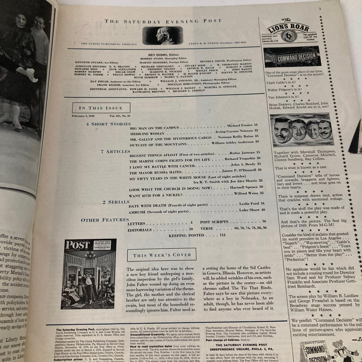 Interior page of the Saturday Evening Post Magazine February 5, 1949 listing articles and features including stories and editorials.