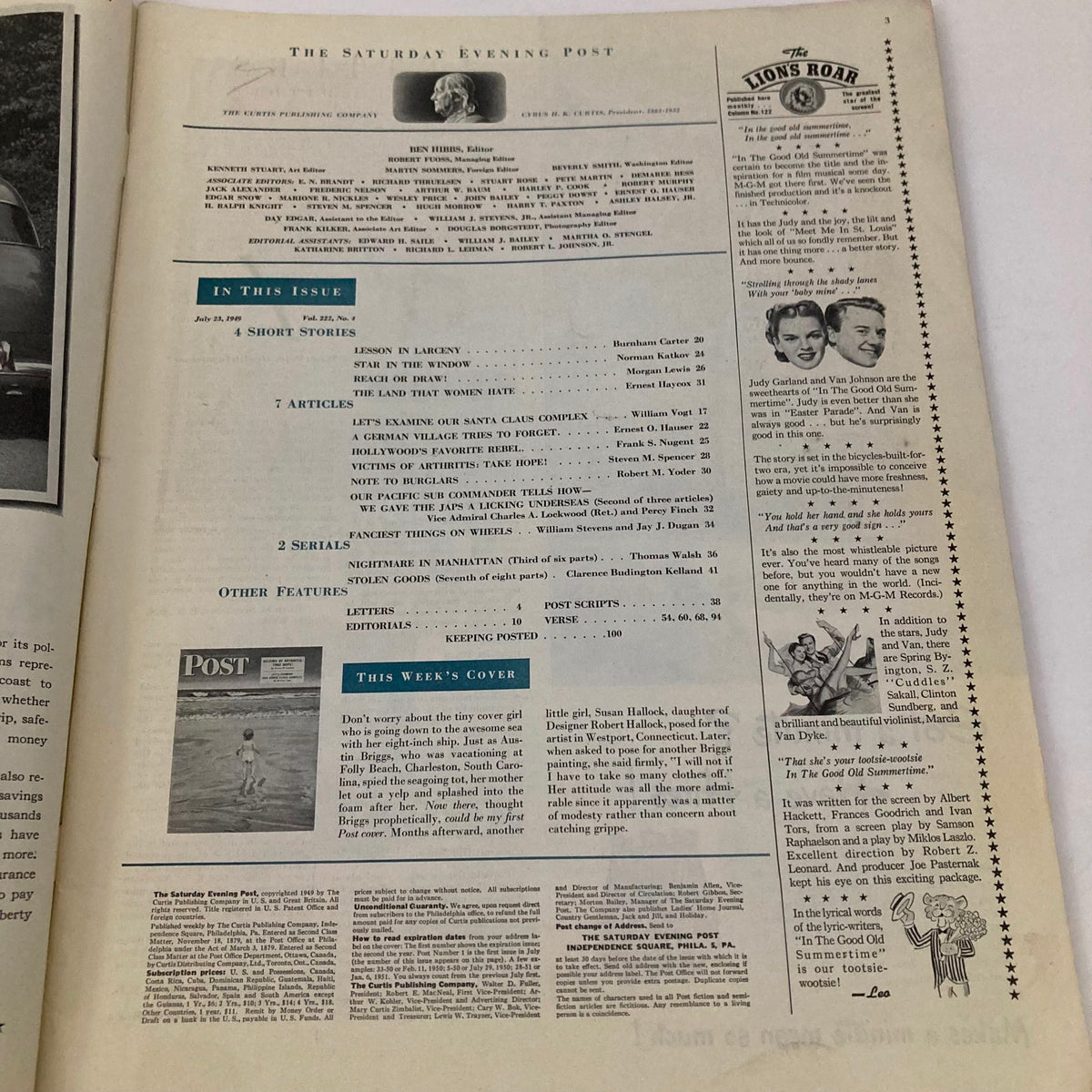 Interior page of the Saturday Evening Post Magazine, July 23, 1949, showcasing the table of contents and featured articles.