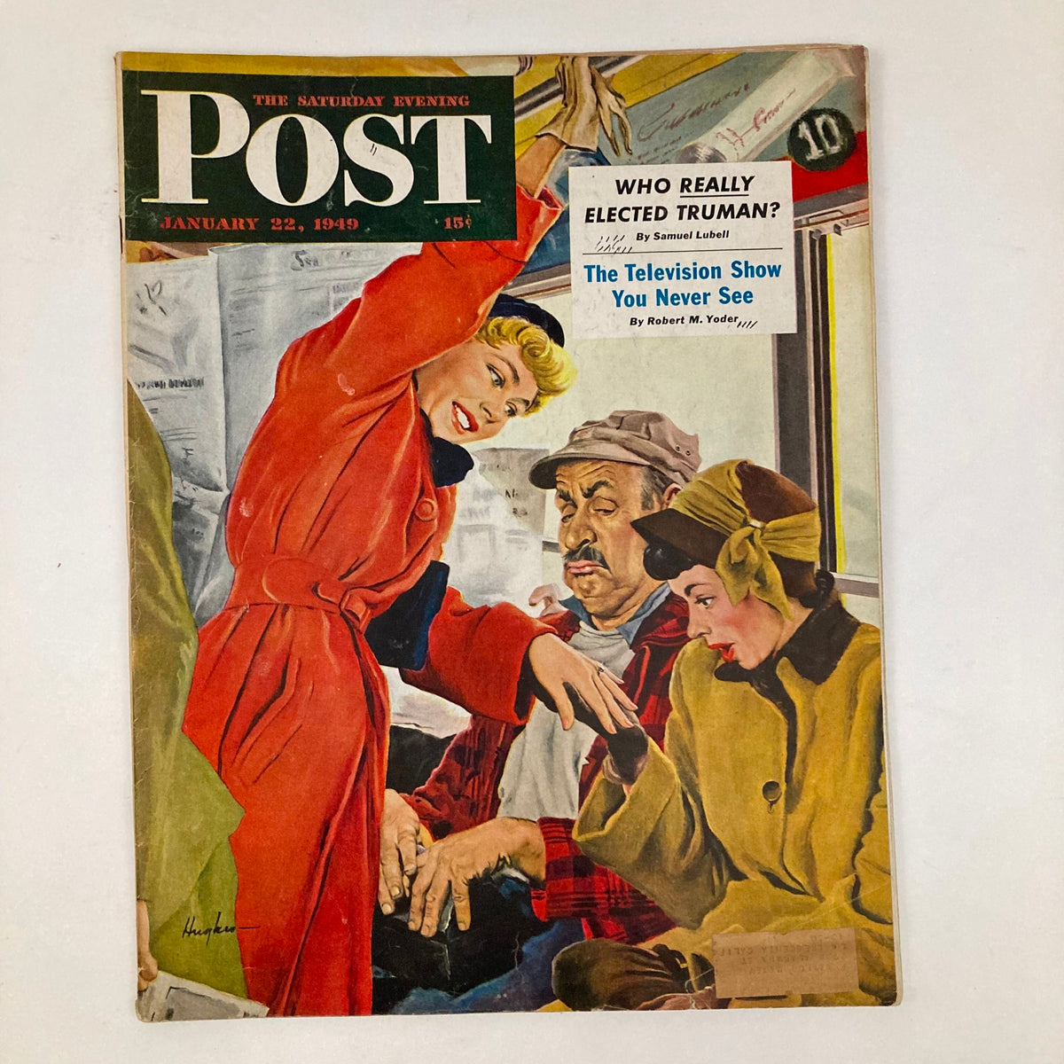 Cover of the Saturday Evening Post Magazine from January 22, 1949, featuring the illustration 'Engagement Ring' by George Hughes, depicting a romantic scene with a woman in a red coat and two men engaged in conversation.