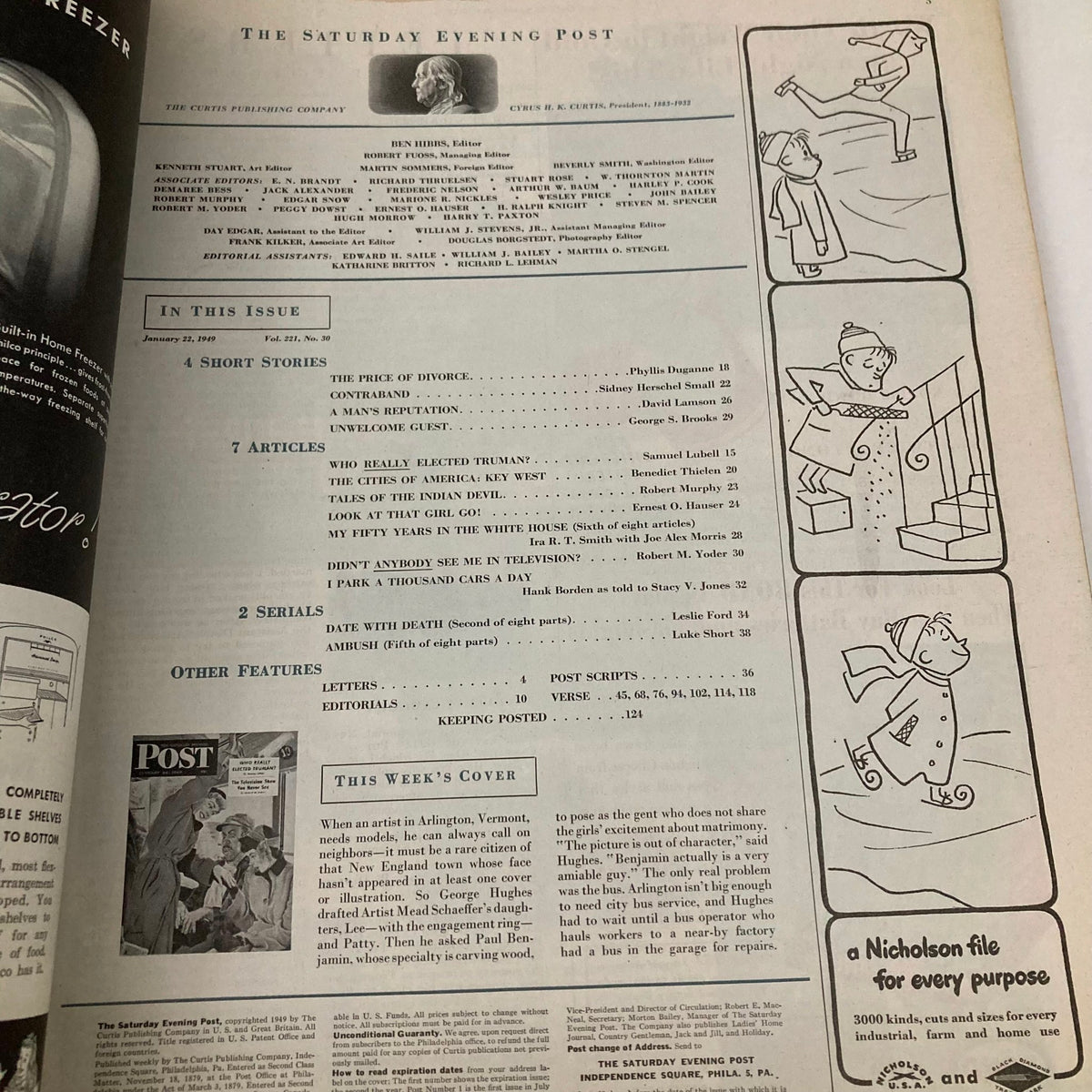 Interior page of the Saturday Evening Post Magazine, January 22, 1949, showcasing the contents and articles of the issue, including 'Who Really Elected Truman?' and other features.