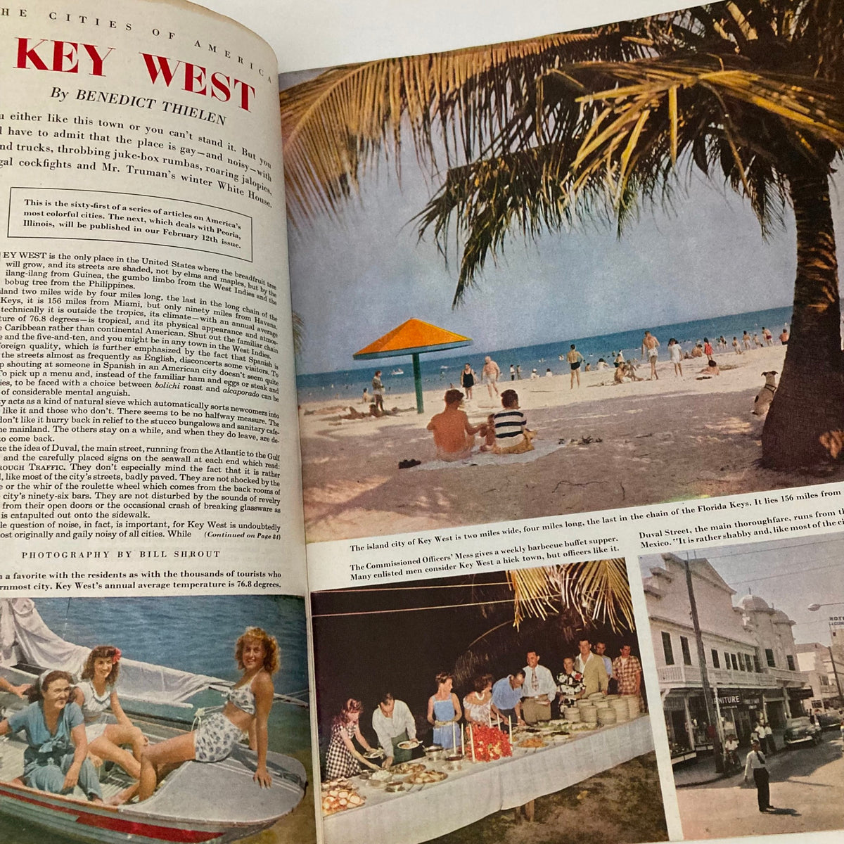 Saturday Evening Post Magazine January 22 1949 'Engagement Ring' showcasing a tropical scene of Key West beach, with families enjoying the sun and a striking orange umbrella.