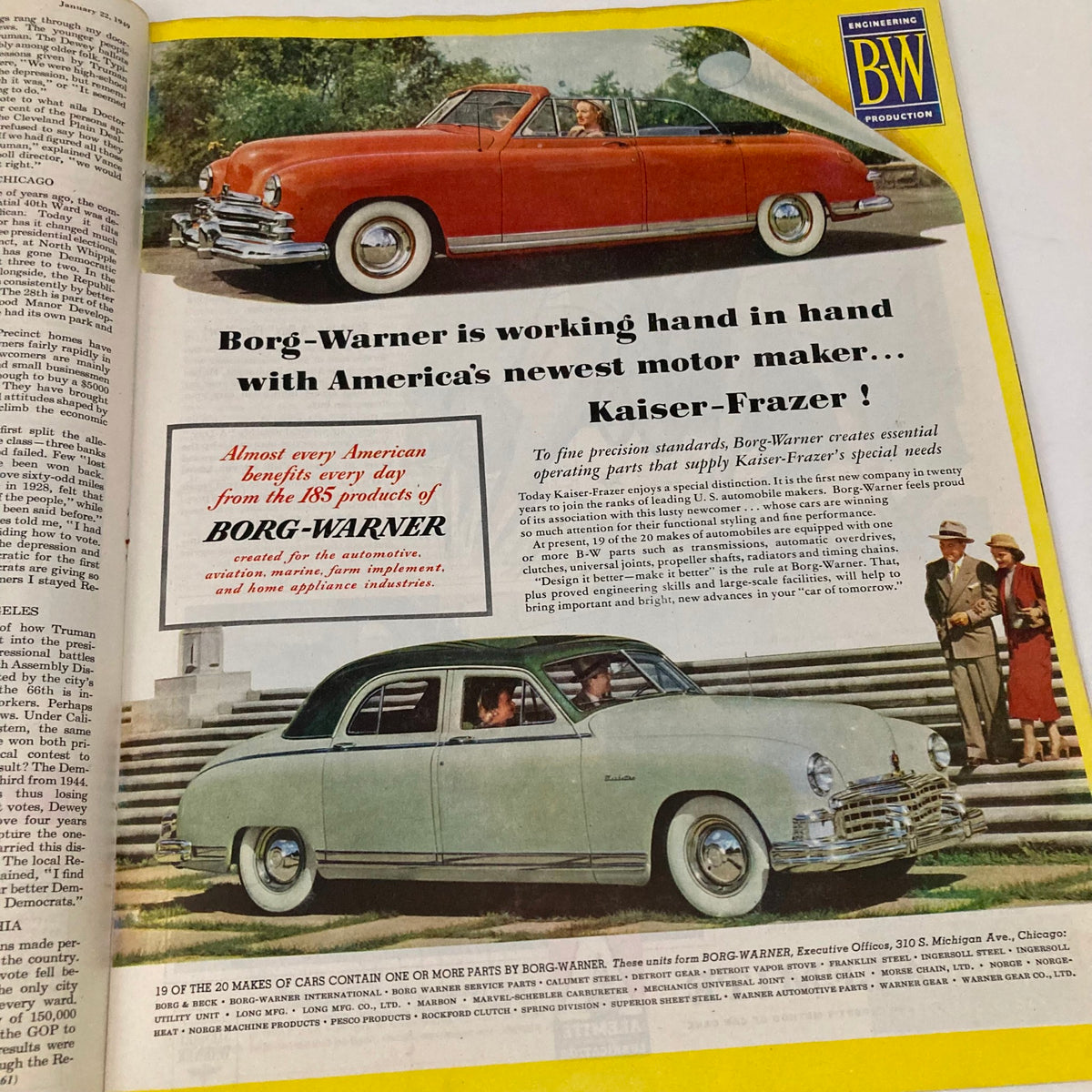 Saturday Evening Post Magazine January 22 1949 'Engagement Ring' featuring an advertisement for Kaiser-Frazer cars, highlighting classic automobiles and the Borg-Warner brand.