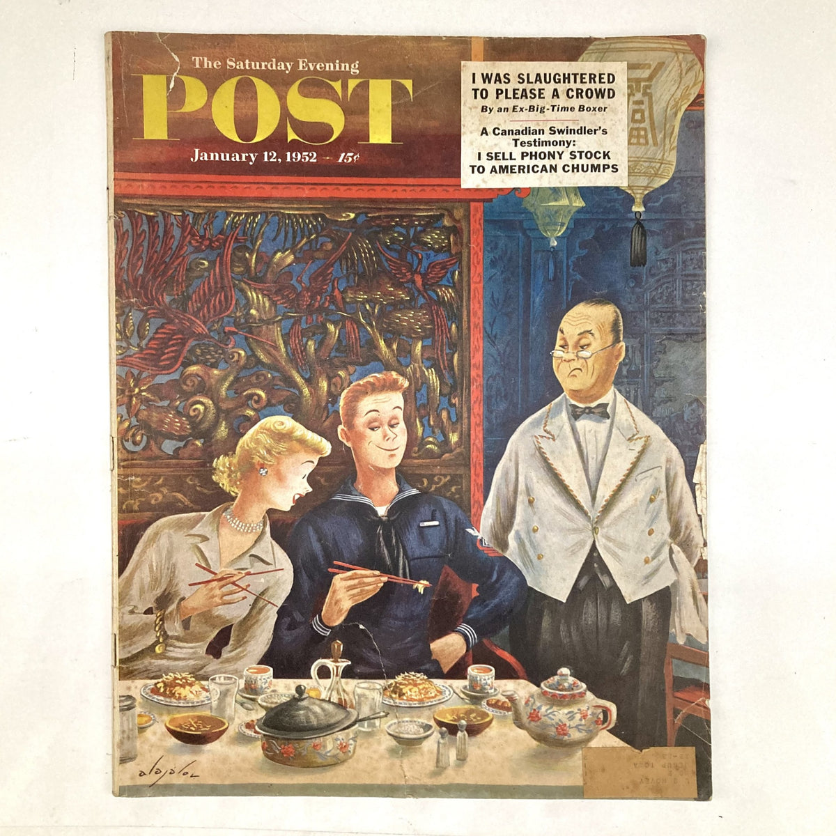 Cover of the Saturday Evening Post Magazine dated January 12, 1952, featuring an illustration by Constantin Alajalov, depicting a sailor dining with a woman and a waiter, showcasing mid-century Americana.