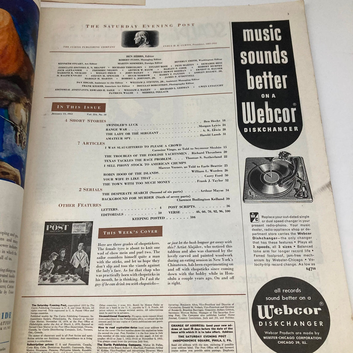 Interior page of the Saturday Evening Post Magazine January 12 1952 featuring an article layout, illustrations, and advertisements including a Webcor Discchanger.