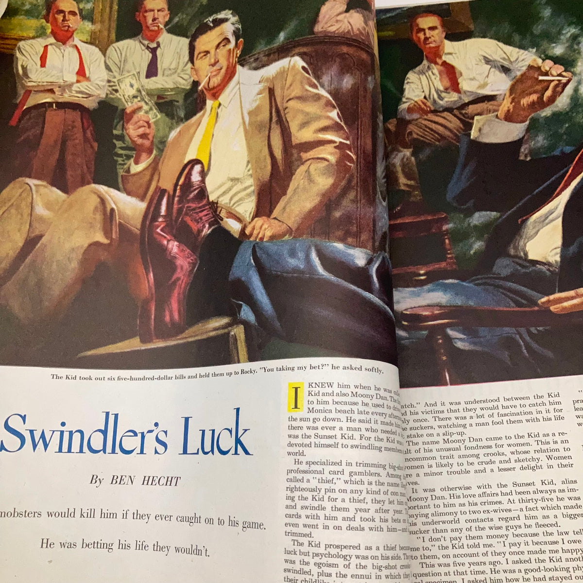 An illustration from the Saturday Evening Post Magazine January 12 1952 depicting a scene from 'Swindler's Luck' showcasing the main character holding money with other men in the background.