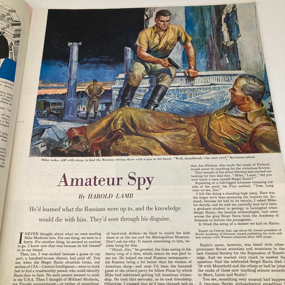 Artwork from the Saturday Evening Post Magazine January 12 1952 illustrating 'Amateur Spy', featuring a tense moment with armed characters in a dramatic setting.