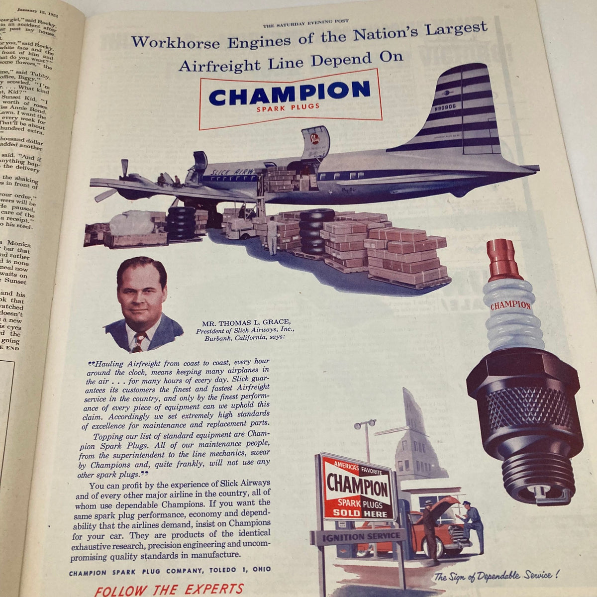 Vintage advertisement from the Saturday Evening Post Magazine January 12 1952 promoting Champion Spark Plugs with an illustration of an aircraft and a company executive.