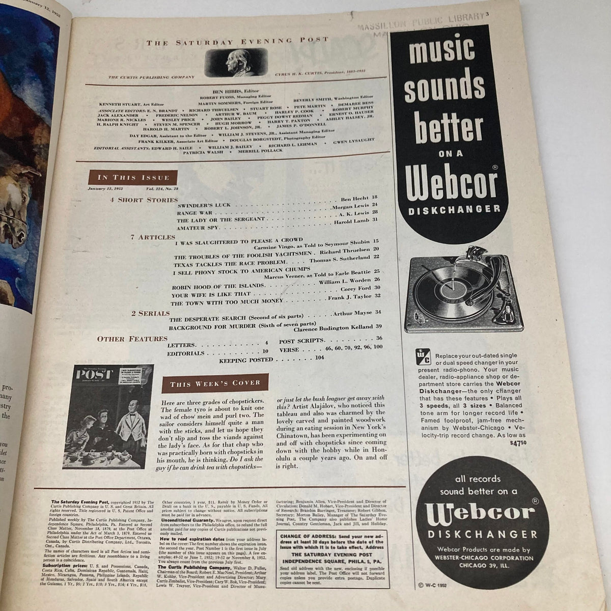 Interior page of the Saturday Evening Post Magazine January 12, 1952, displaying the contents, articles, and advertisements, preserving the vintage publication's charm.