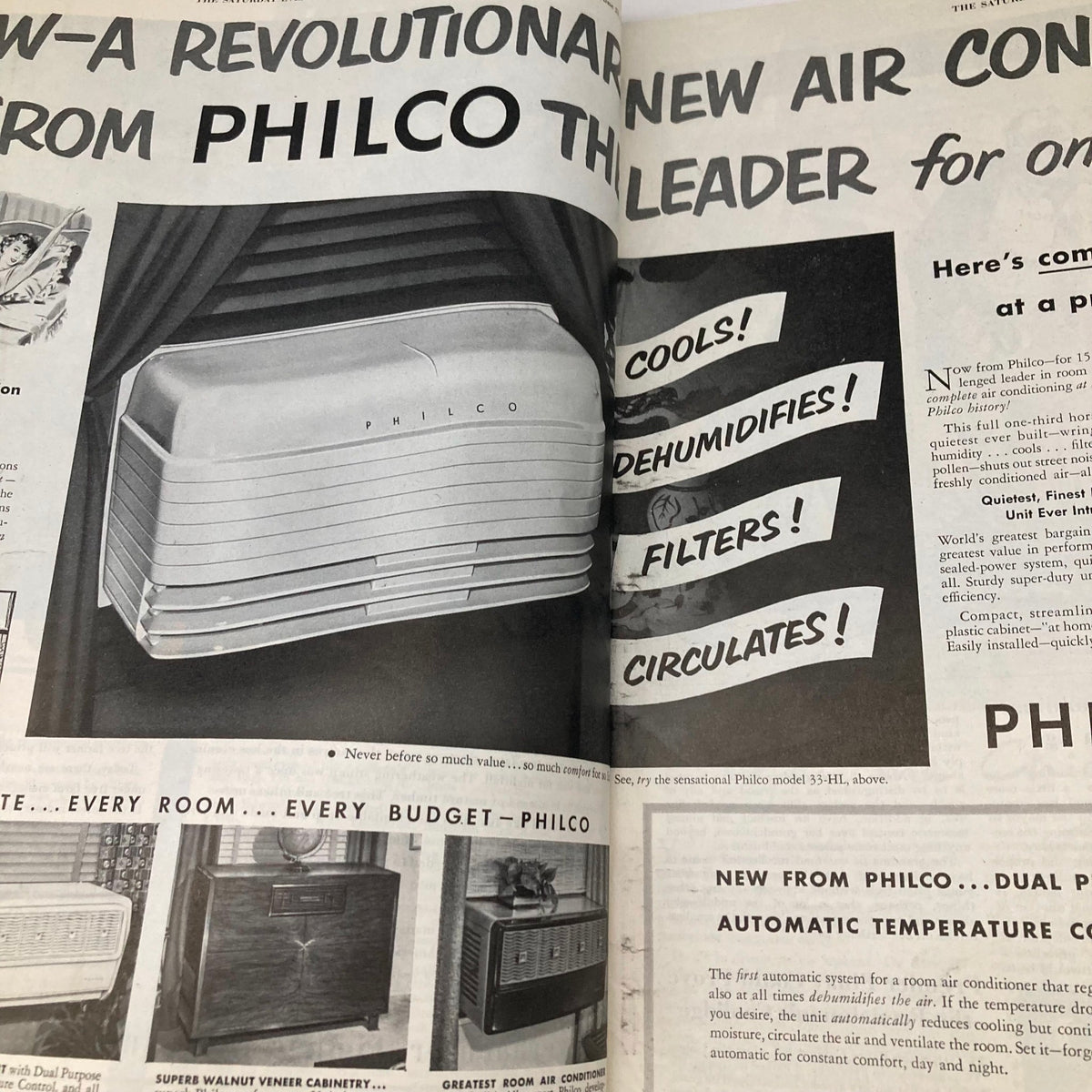 Advertisement in the Saturday Evening Post Magazine June 21 1952 for a Philco air conditioner showcasing its features and design.