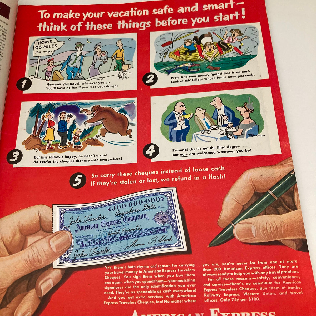 Colorful advertisement in the Saturday Evening Post Magazine June 21 1952 promoting American Express Travelers Cheques with illustrated scenarios.