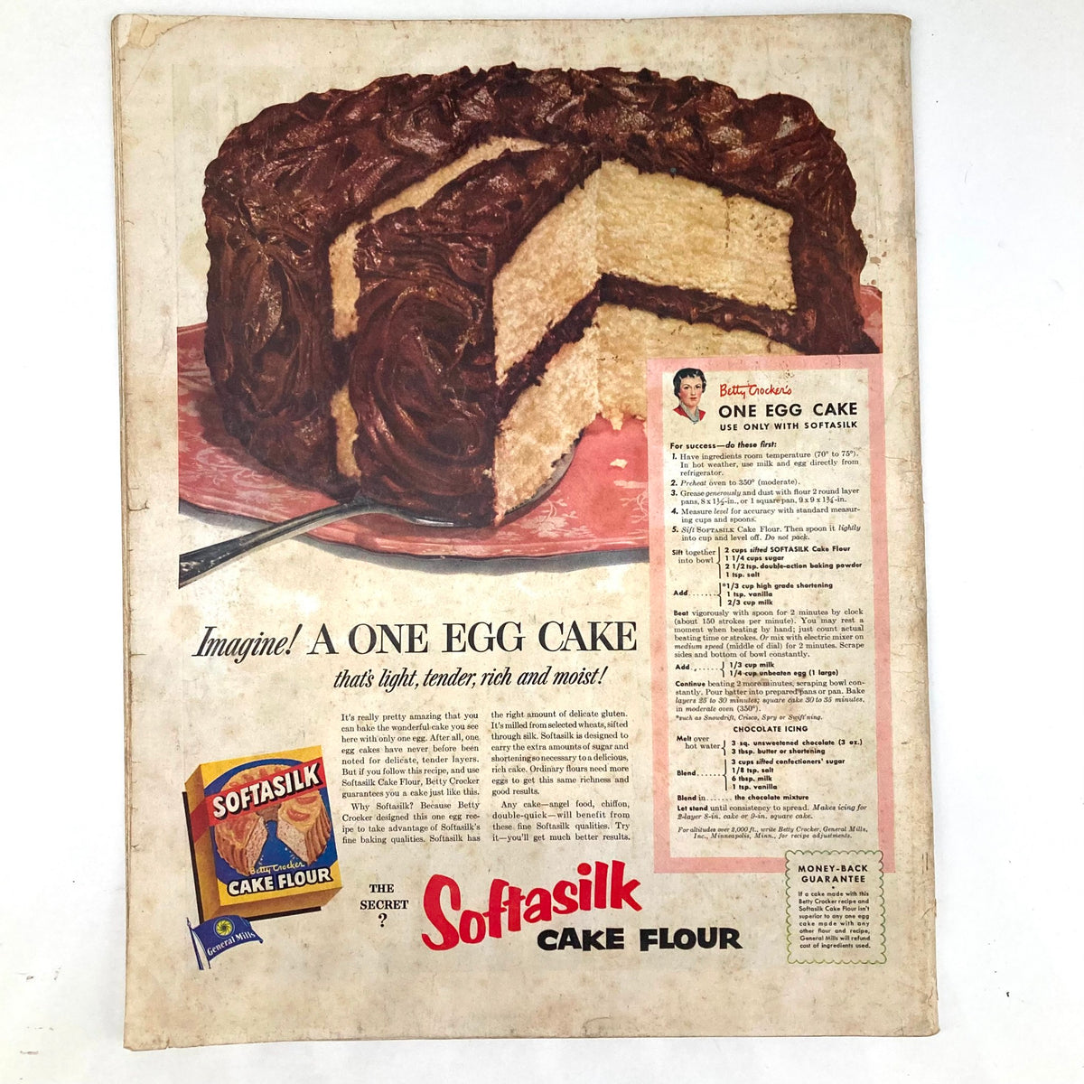 Advertisement in the Saturday Evening Post Magazine June 21 1952 featuring a recipe for a one egg cake using Softasilk cake flour with a delicious cake image.