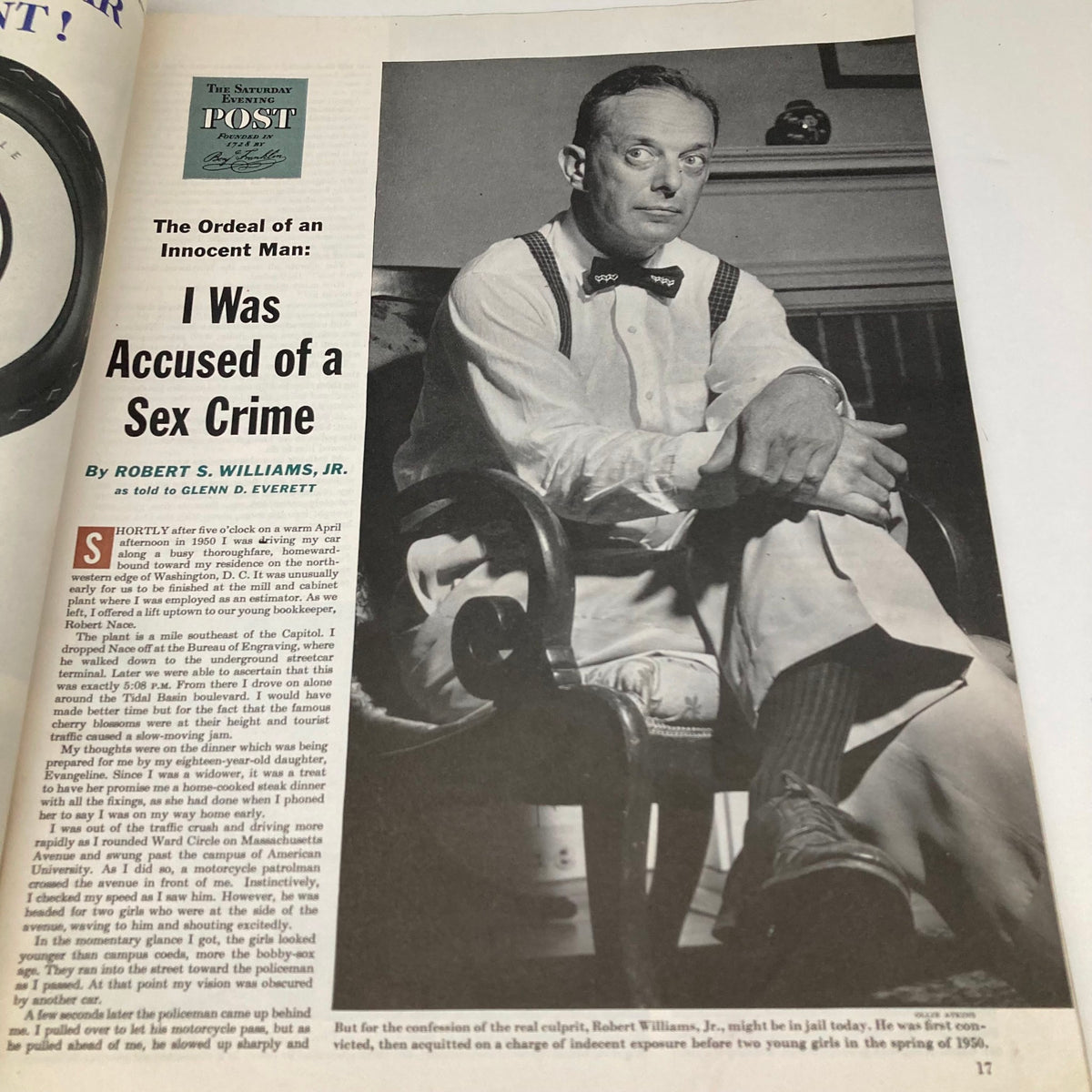 An article in Saturday Evening Post Magazine August 9 1952 titled 'I Was Accused of a Sex Crime' by Robert S. Williams, Jr., featuring a black-and-white portrait of the author.