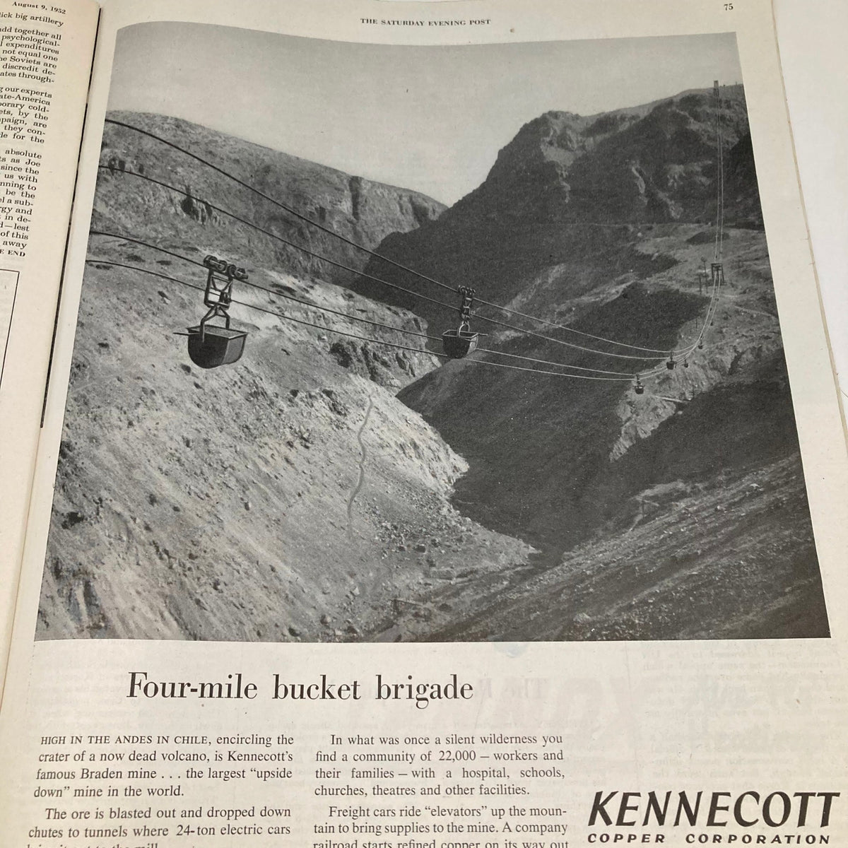 Photograph in Saturday Evening Post Magazine August 9 1952 titled 'Four-mile bucket brigade', illustrating mining operations in the Andes, showcasing industrial transportation systems.
