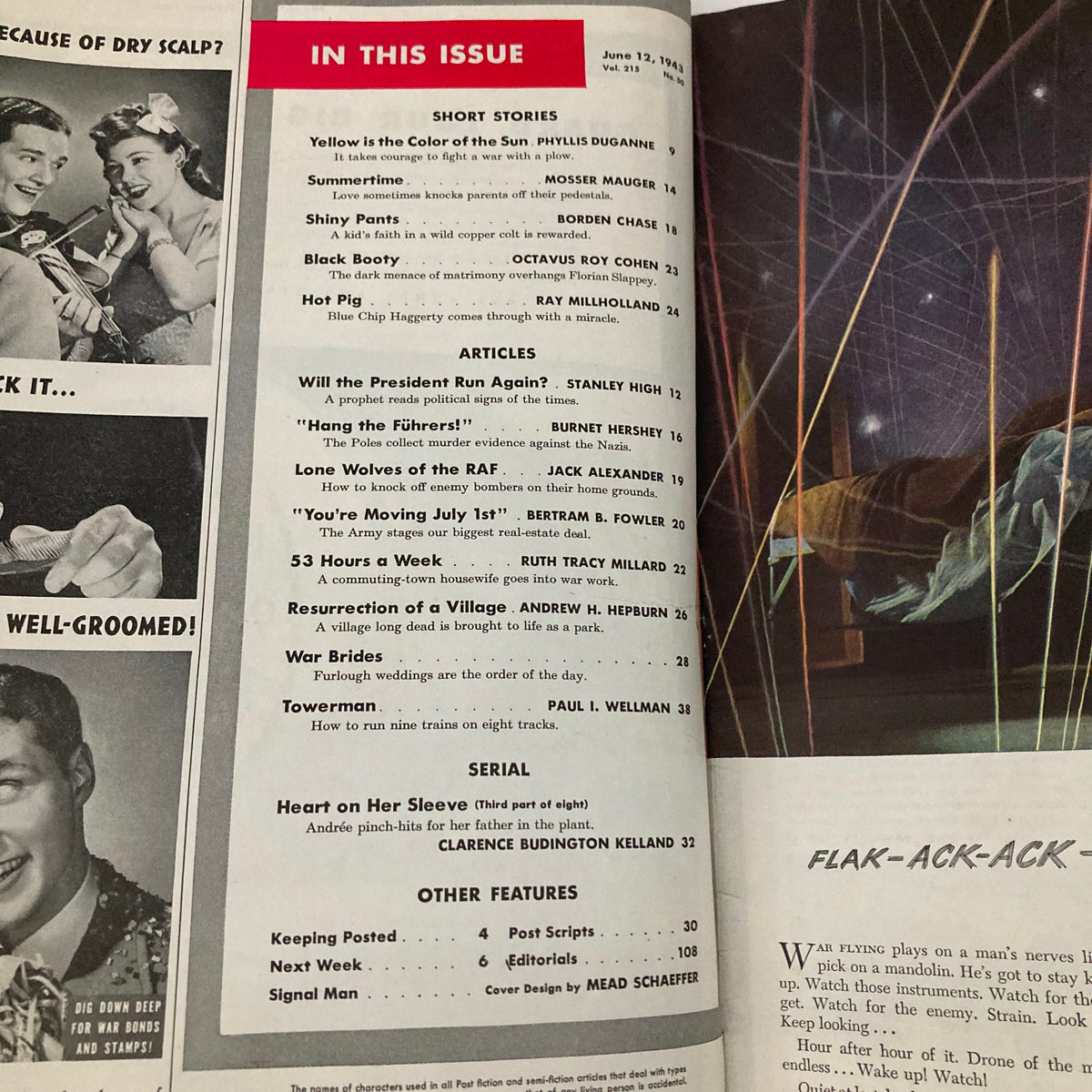 Table of contents page from Saturday Evening Post Magazine June 12 1943, showcasing featured stories and articles.