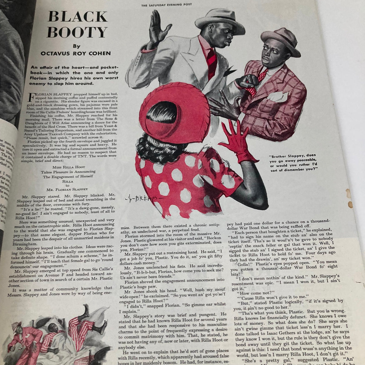 Excerpt of the story 'Black Booty' by Octavus Roy Cohen from Saturday Evening Post Magazine June 12 1943, featuring engaging illustrations.