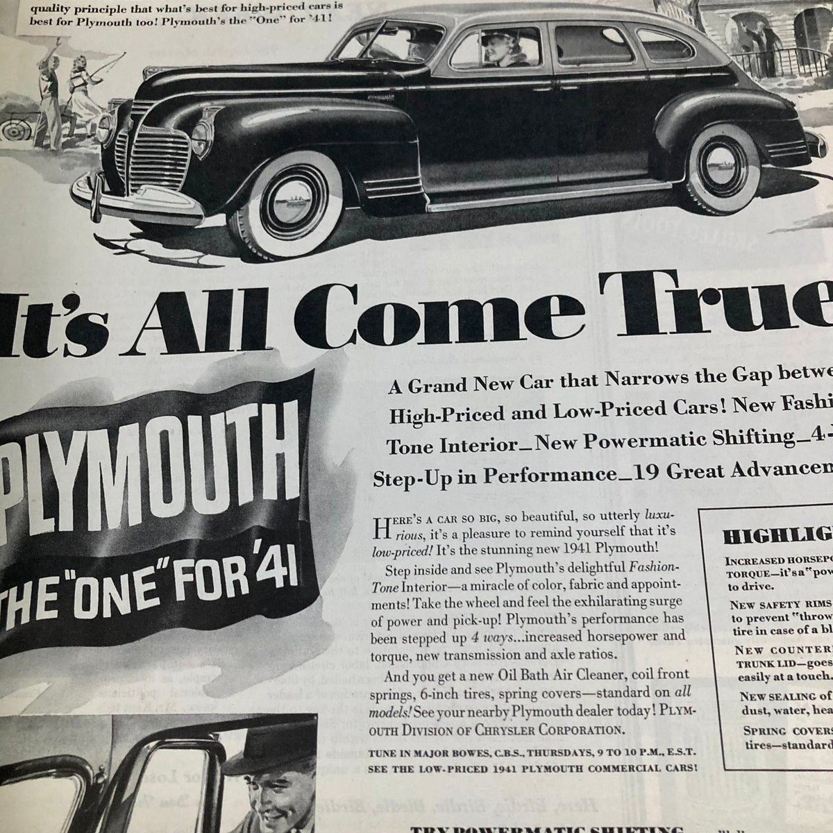 Advertisement in the Saturday Evening Post Magazine October 12 1940 for Plymouth cars, showcasing the model for 1941 and featuring a flag design.