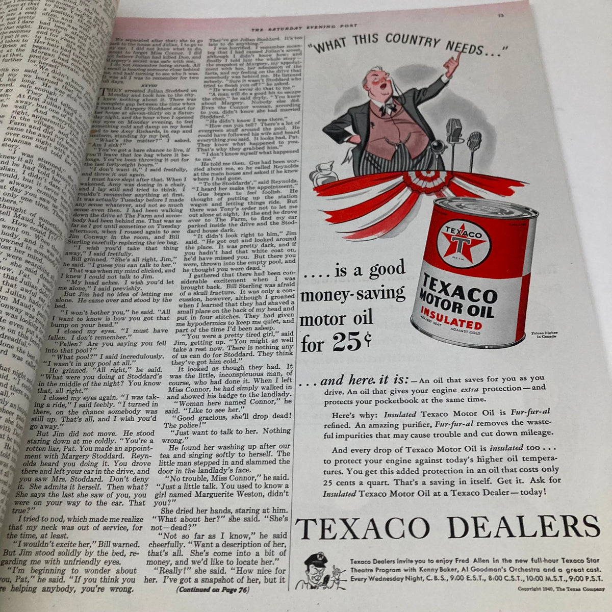 An interior page from the Saturday Evening Post Magazine October 12 1940 displaying text and an advertisement for Texaco motor oil.