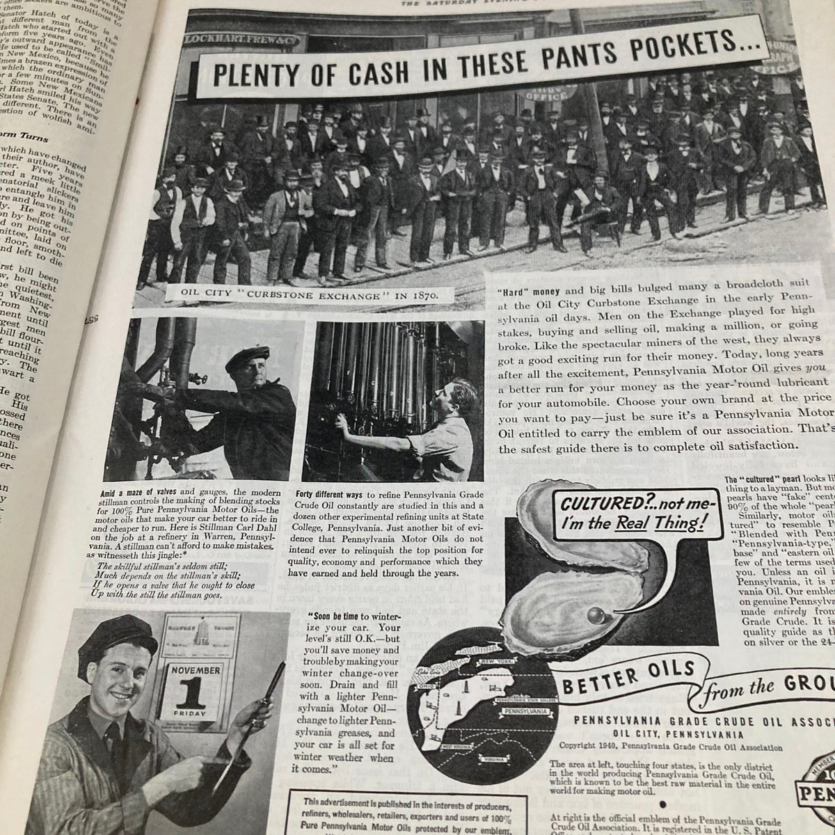 Historical content from the Saturday Evening Post Magazine October 12 1940 discussing the Oil City Curbstone Exchange and showcasing oil industry workers.
