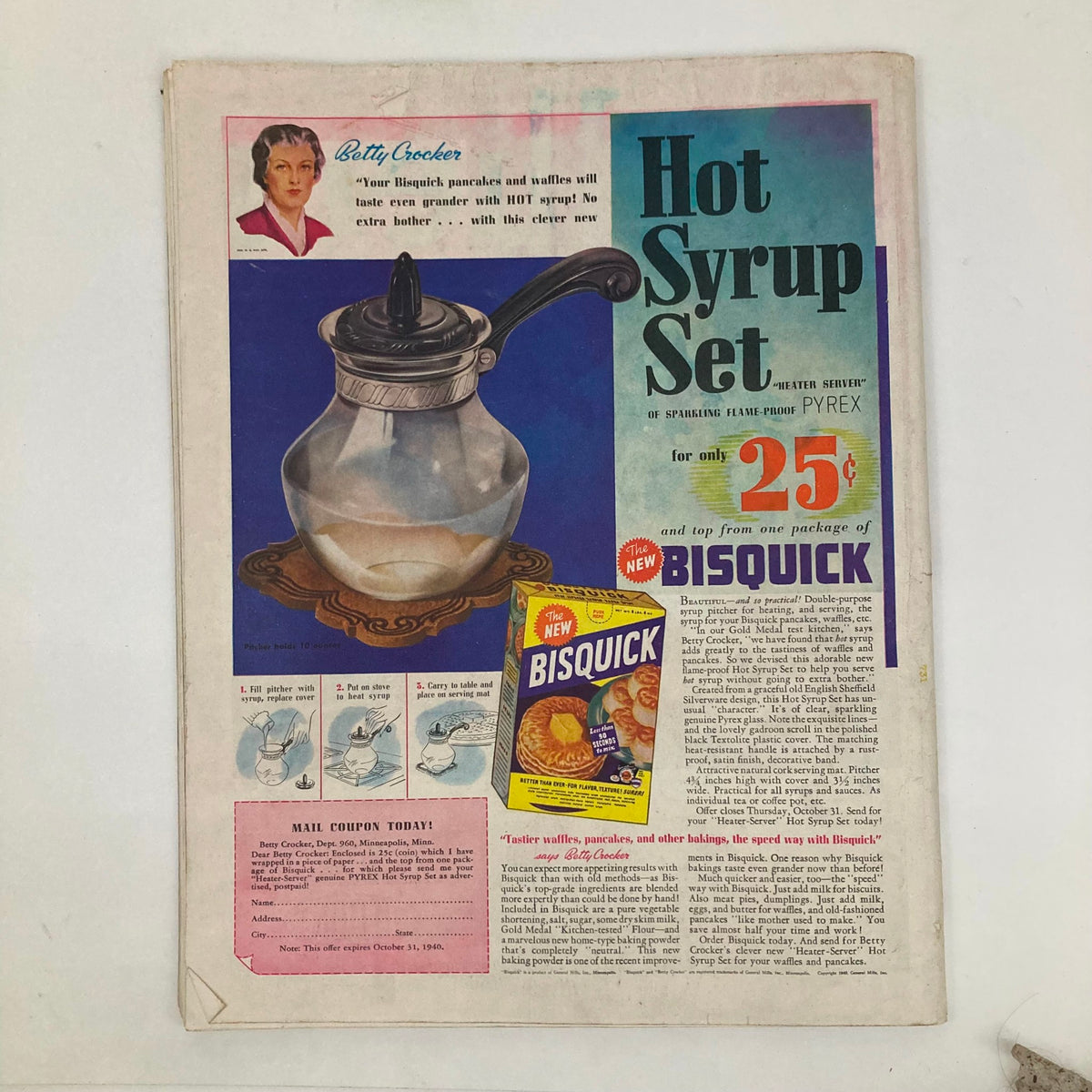 Vintage advertisement from the Saturday Evening Post Magazine October 12 1940 featuring a Hot Syrup Set by Pyrex and Bisquick product promotion. The illustration showcases a glass syrup pitcher and accompanying instructions, embodying domestic life in the early 1940s.