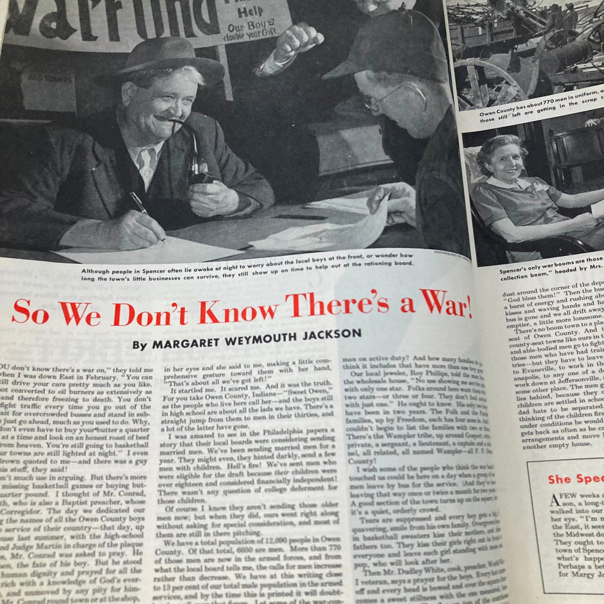 Article page from the Saturday Evening Post Magazine May 15 1943 titled 'So We Don't Know There's a War!' detailing community responses during wartime.