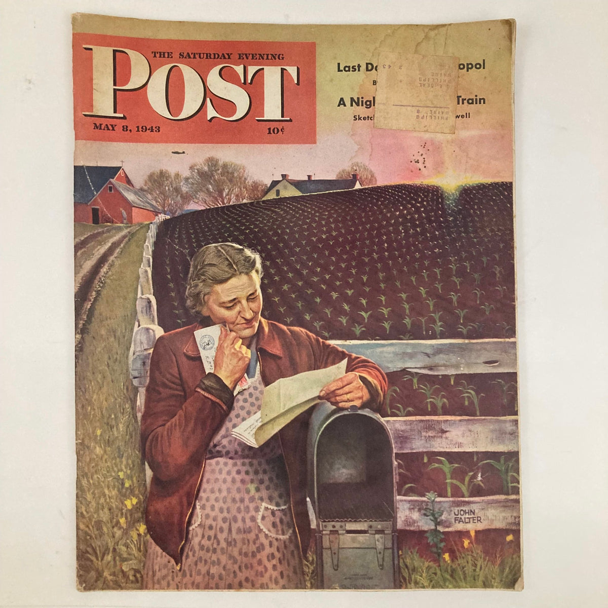 Illustrated cover of the Saturday Evening Post magazine from May 8, 1943, featuring art by John Falter, depicting a woman reading a letter beside a mailbox in a rural setting.