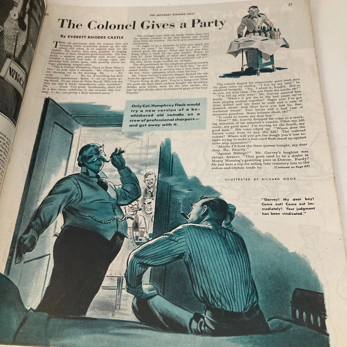 Interior page of the Saturday Evening Post magazine May 8, 1943, featuring the story 'The Colonel Gives a Party' illustrated by Richard Hook, with a humorous scene between characters.