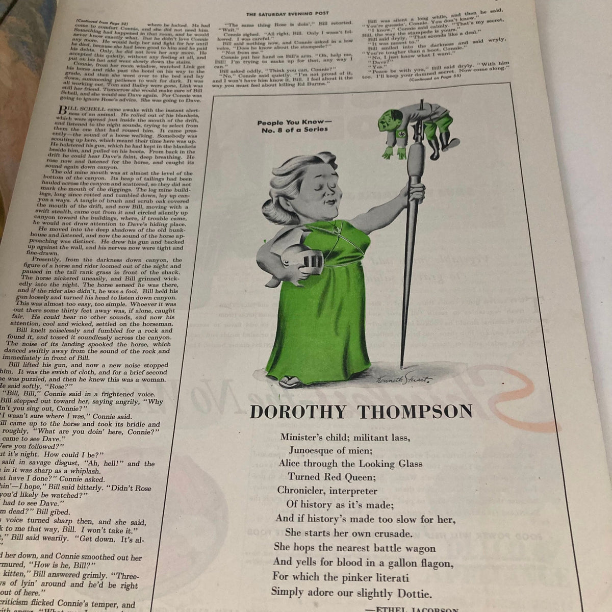 Interior page of the Saturday Evening Post magazine May 8, 1943, highlighting a character portrait named Dorothy Thompson, showcasing a blend of illustration and poetry.