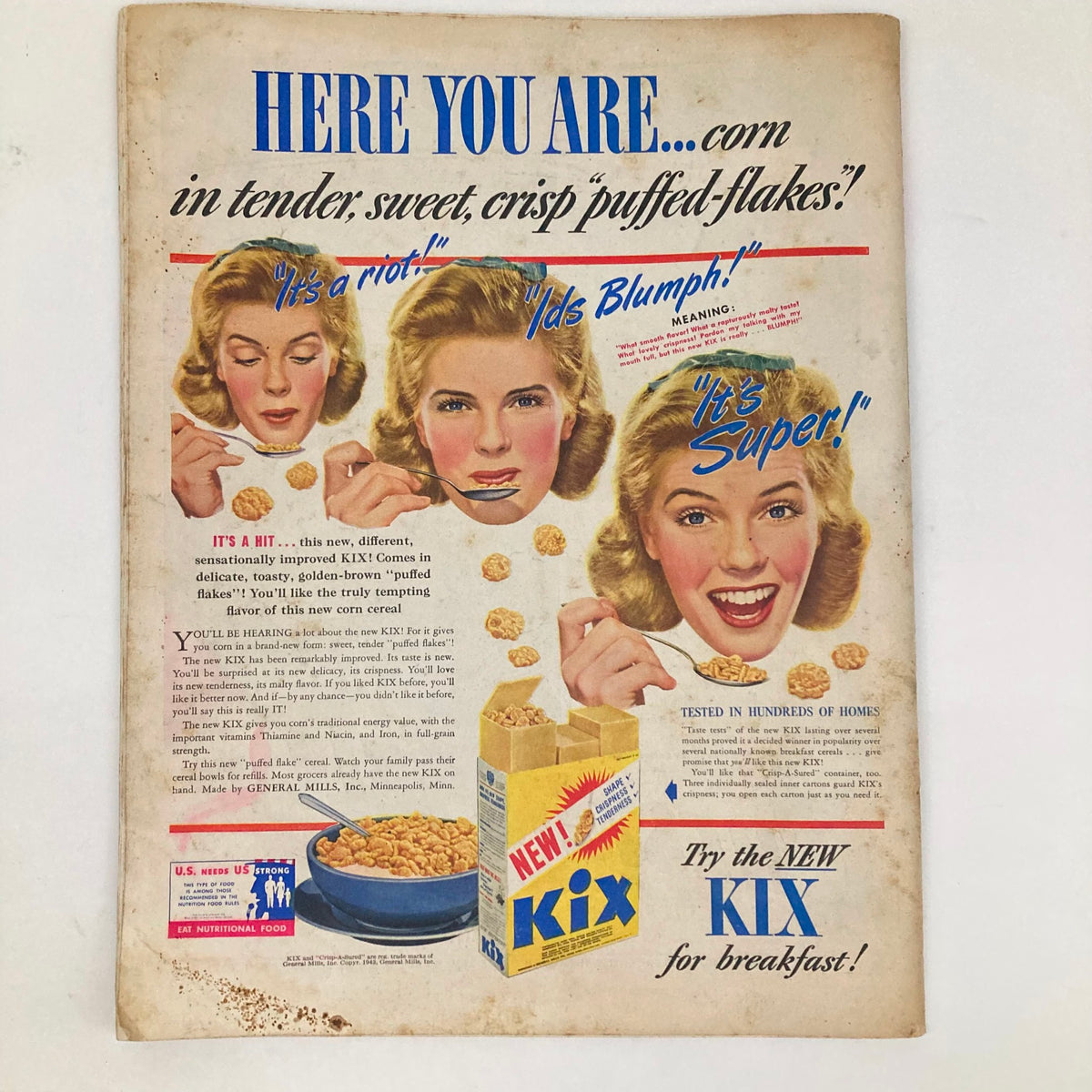 Vintage advertisement featuring two women enjoying Kix cereal, promoting its taste with phrases like 'It's a hit!' from the Saturday Evening Post Magazine May 8, 1943 Illustrated Cover by John Falter.