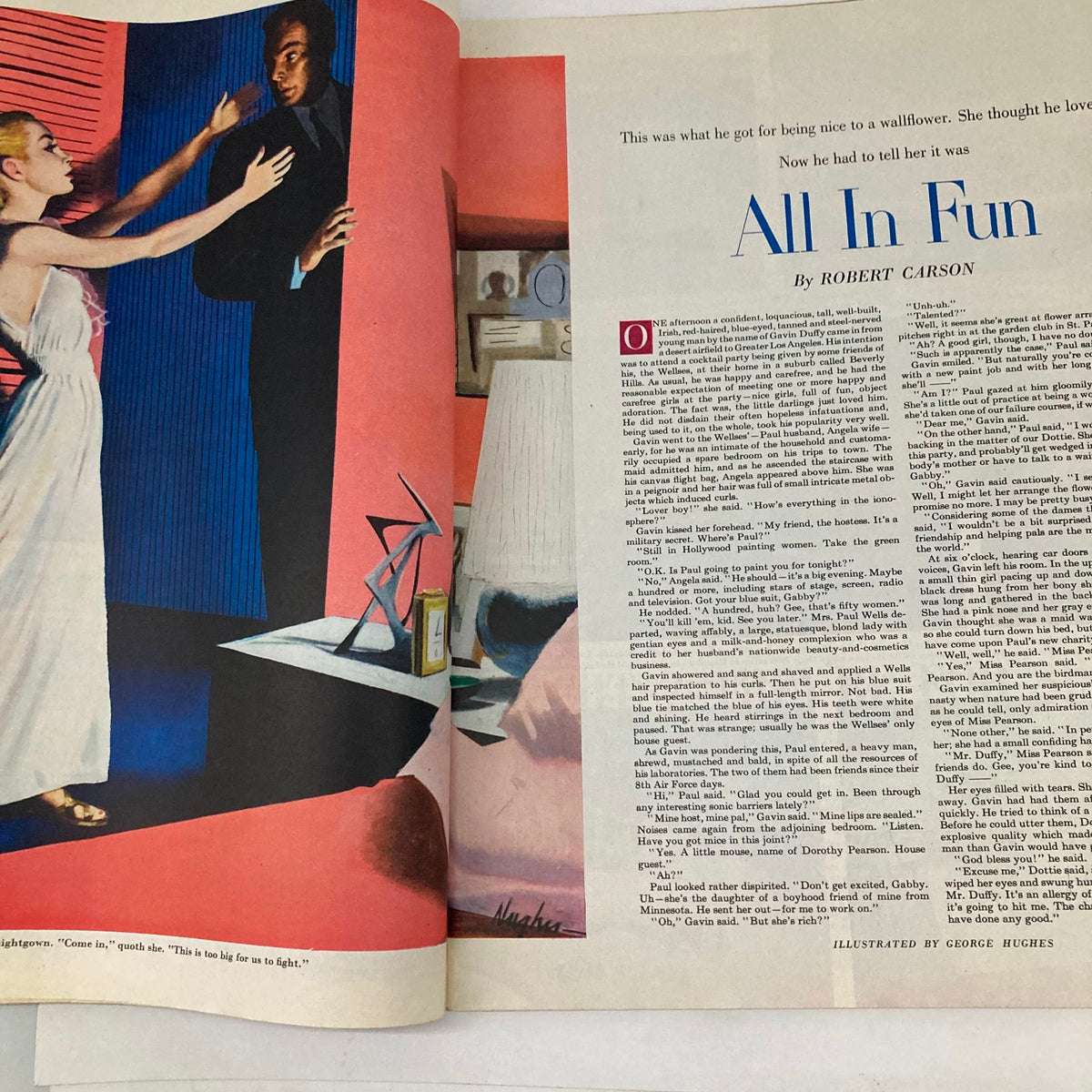 Interior spread of the Saturday Evening Post Magazine, July 19, 1952, showcasing a story titled "All In Fun" illustrated by George Hughes, highlighting mid-century American culture.