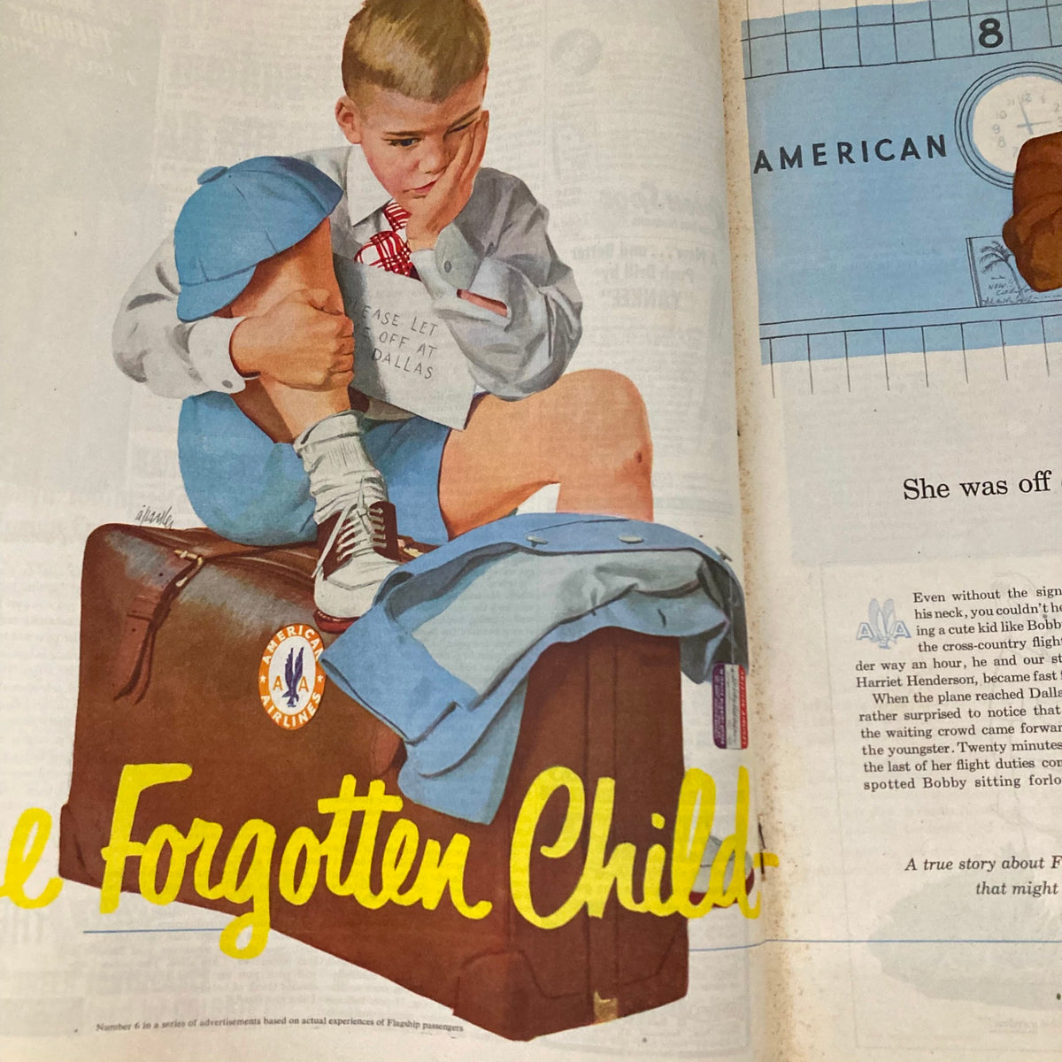 Interior image from the Saturday Evening Post Magazine, July 19, 1952, featuring a nostalgic illustration of a boy sitting on a suitcase with the caption "The Forgotten Child," reflecting themes of childhood and travel.