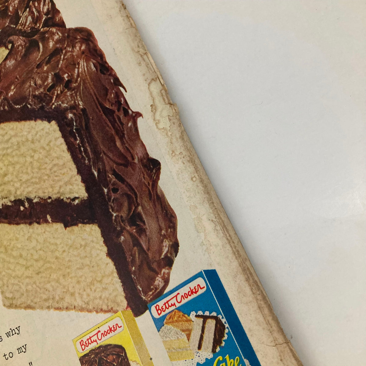 Illustration of a chocolate frosted cake with layers, featured in the Saturday Evening Post Magazine July 19 1952, highlighting vintage food advertising.