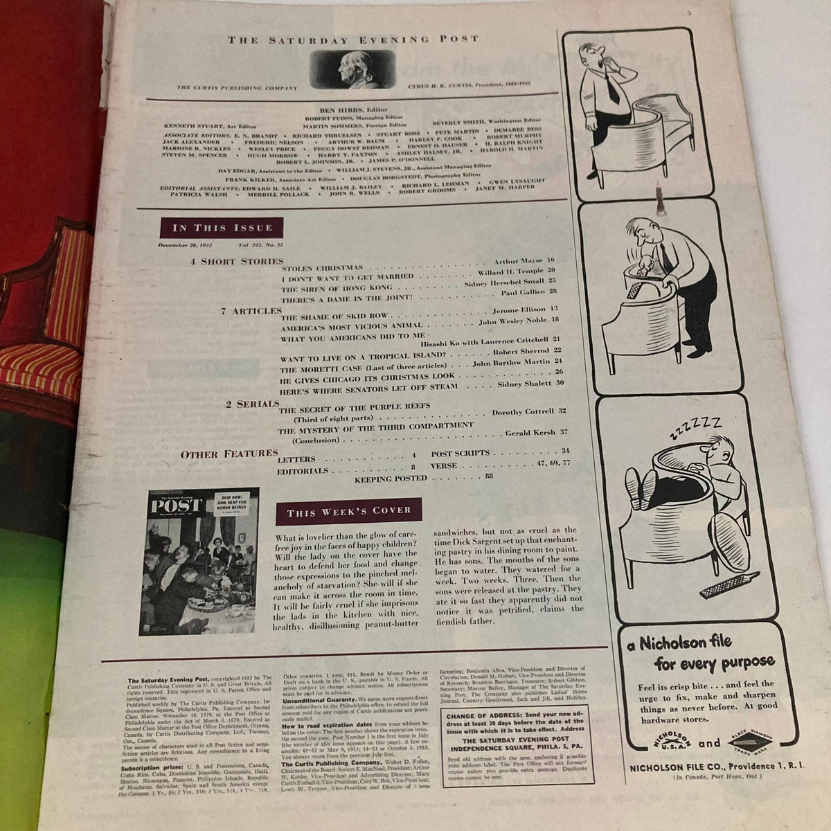 Back cover page of the Saturday Evening Post Magazine December 20, 1952, showcasing the table of contents and additional features of the issue.
