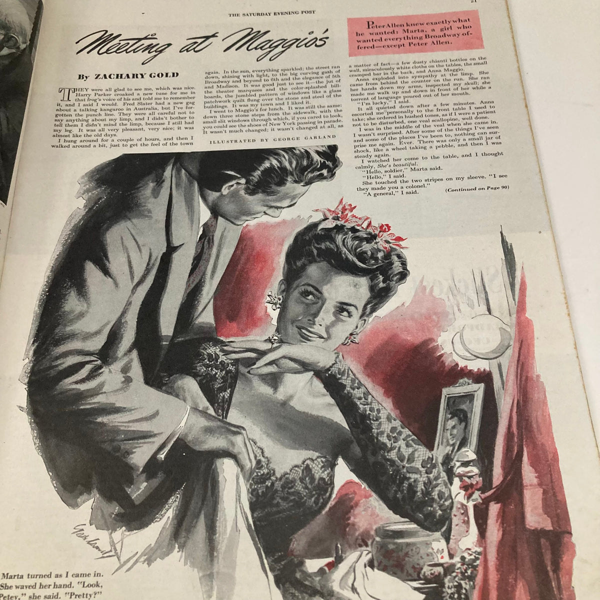 Page from the Saturday Evening Post Magazine April 29 1944 showing an illustrated story titled 'Meeting at Maggio's' with a romantic scene.